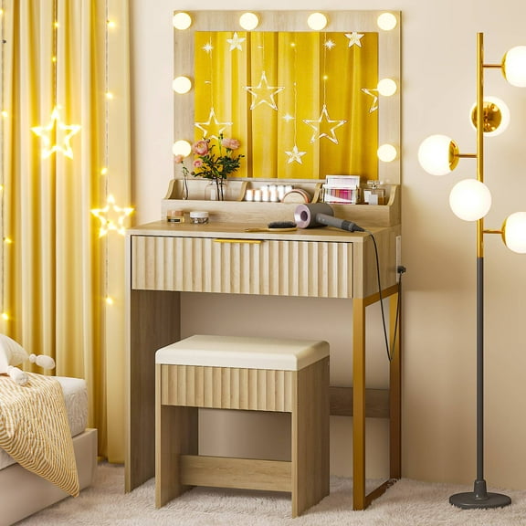Ktaxon Flutted Makeup Vanity Table 8 LED Lights, Dressing Desk with Charging Station, For Femal Gift, Wood Color