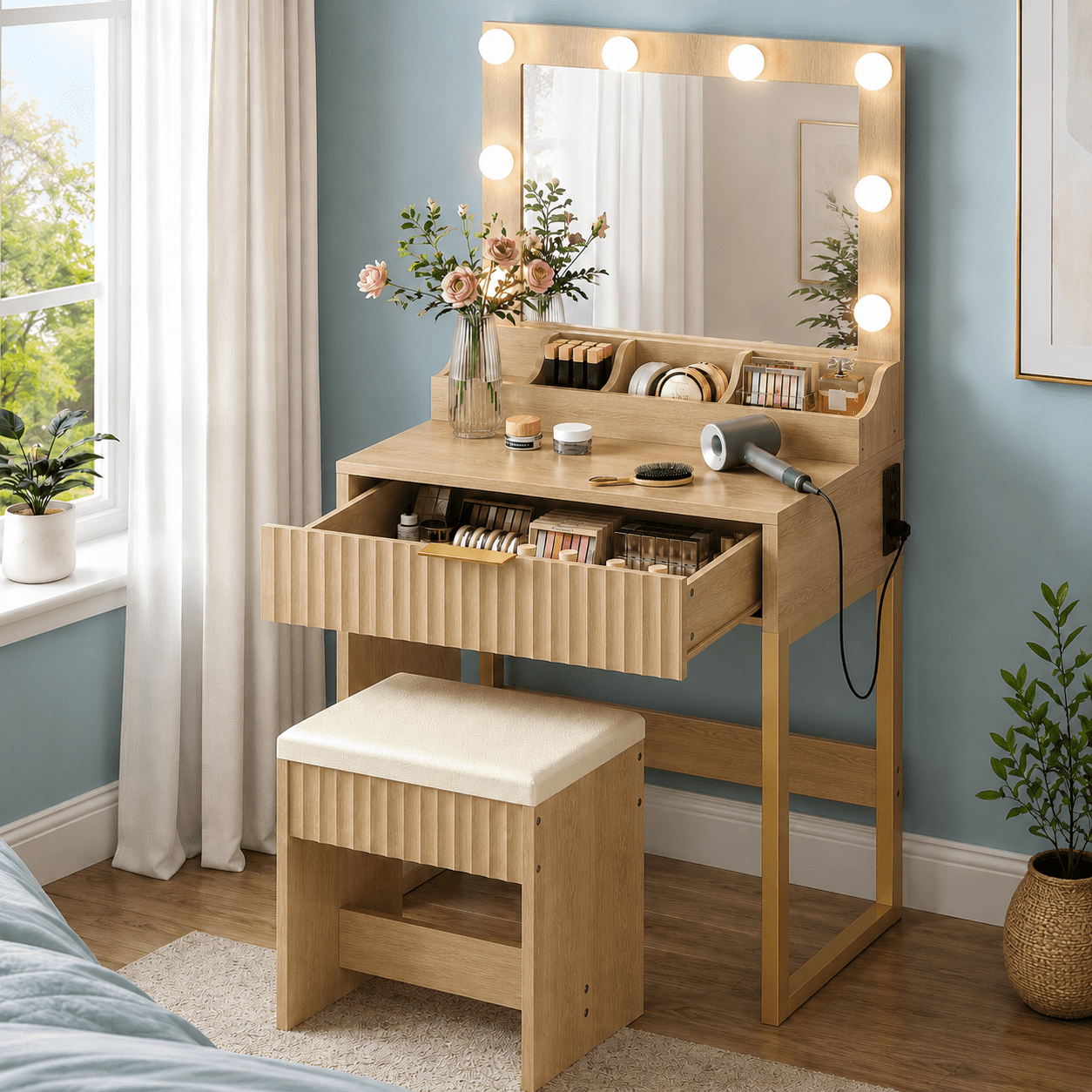 Ktaxon Flutted Makeup Vanity Table w/Stool, Dressing Desk with Charging Station, For Femal Gift, Wood Color