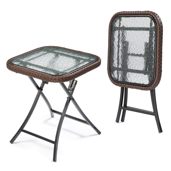 Ktaxon Foldable 17.7" Ratten Patio Side Table with Tempered Glass Top, Folding Sofa End Table with Wicker Decorations for Lawn Garden Balcony Porch Deck Pool (Square, Brown)