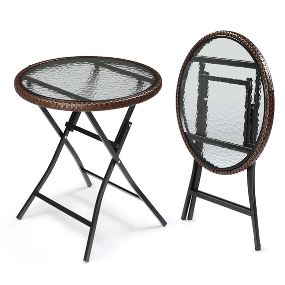 Ktaxon Foldable 23.6" Ratten Patio Side Table with Tempered Glass Top, Folding Sofa End Table with Wicker Decorations for Lawn Garden Balcony Porch Deck Pool (Round, Brown)