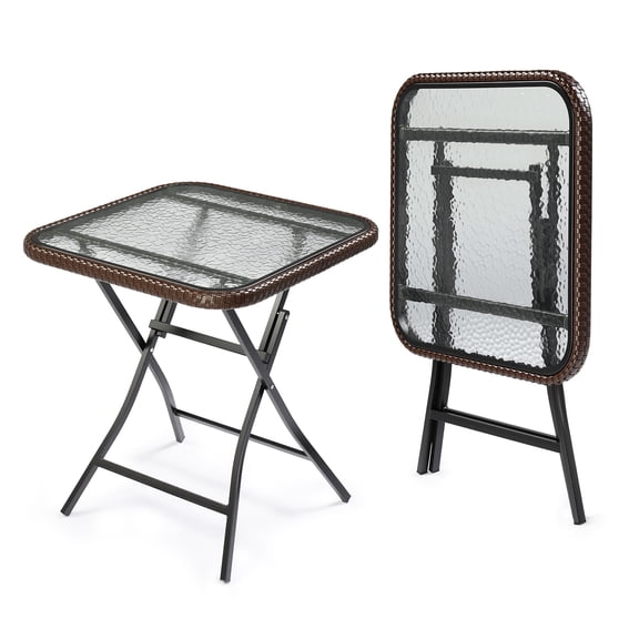 Ktaxon Foldable 23.6" Ratten Patio Side Table with Tempered Glass Top, Folding Sofa End Table with Wicker Decorations for Lawn Garden Balcony Porch Deck Pool (Square, Brown)