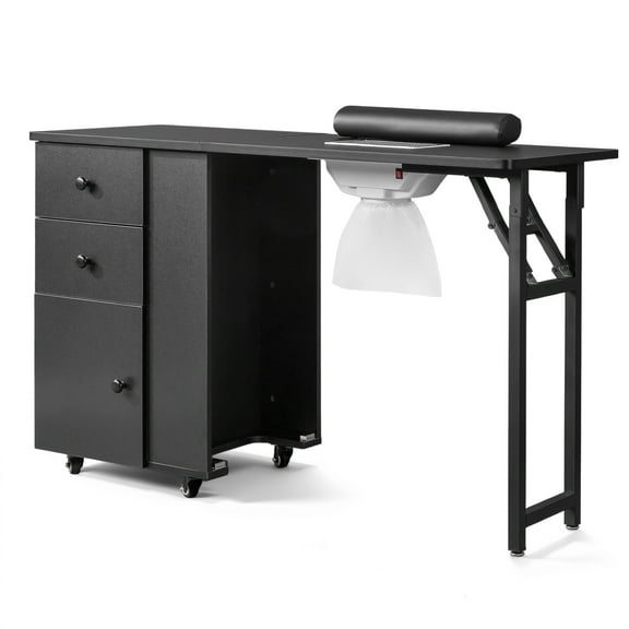 Ktaxon Foldable Nail Table w/Dust Collector, Lockable Wheels, 2 Drawers, Black