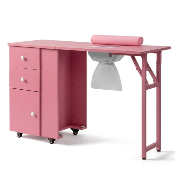 Ktaxon Foldable Nail Table w/Dust Collector, Lockable Wheels, 2 Drawers, Pink
