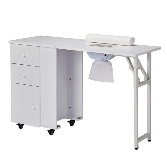 Ktaxon Foldable Nail Table w/Dust Collector, Lockable Wheels, 2 Drawers, White