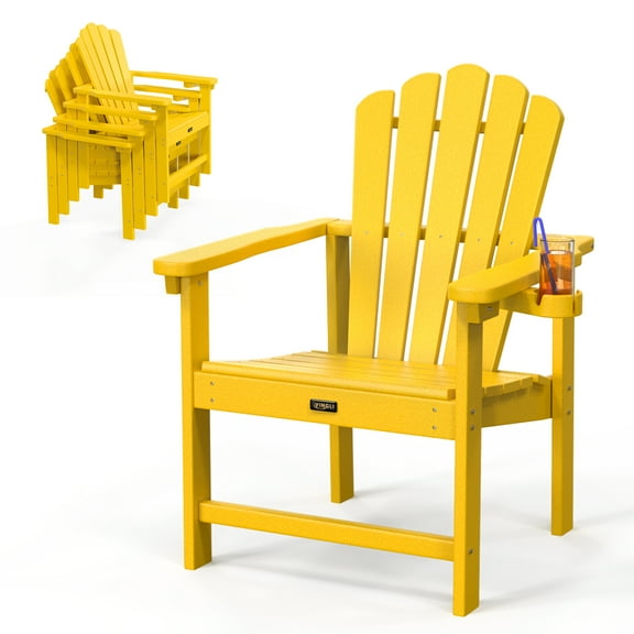 Ktaxon Folding Adirondack Chair, Outdoor HDPE Stackable with Cup Holder, Eco-Friendly HDPE Material & 380Lbs Weight Capacity for Patio Outdoor Pool Porch Lawn Fire Pit, (1Pack, Yellow)