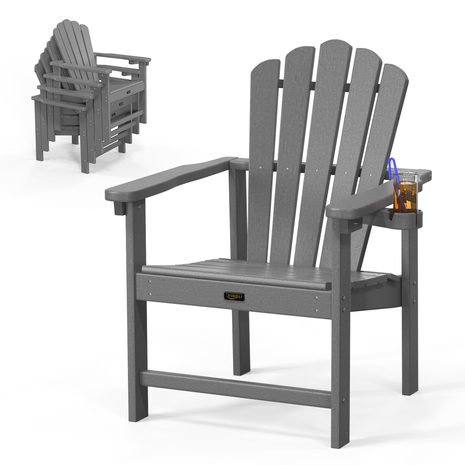Gray HDPE Folding Adirondack Chair with Cup Holder
