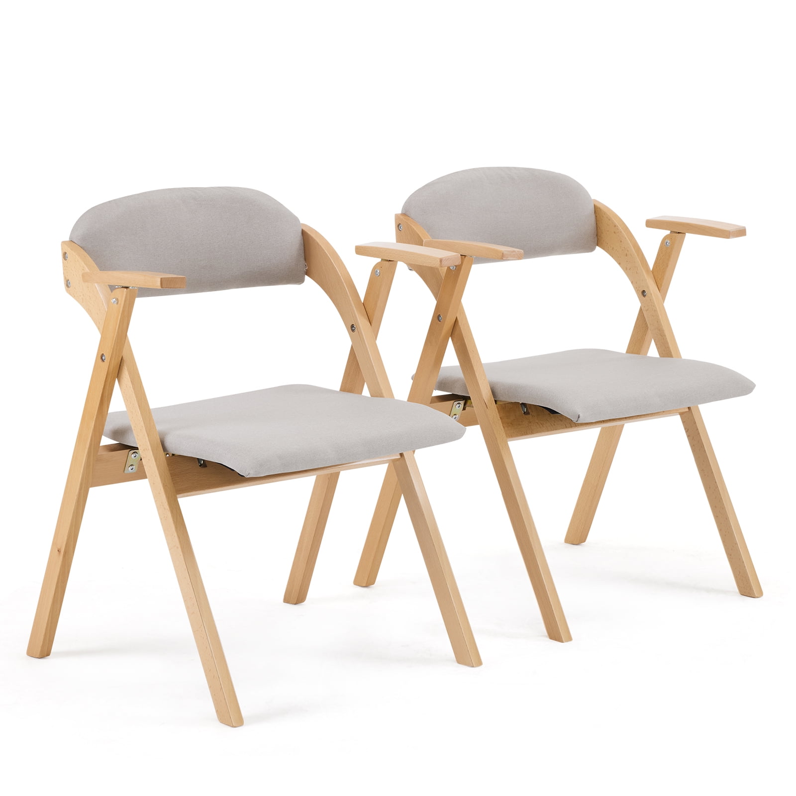 Light Gray Fabric Padded Beech Wood Folding Dining Chairs with Arms - Set of 2