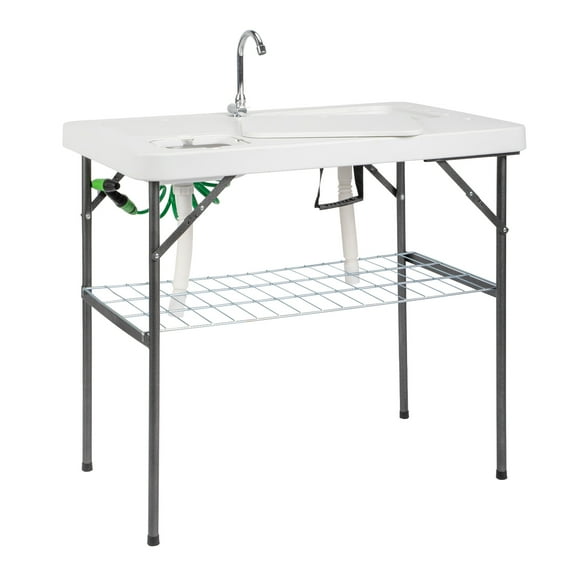 Ktaxon Folding Fish Cleaning Table with Grid Rack & Sprayer, Portable Fish Fillet Cutting Table with 2 Sink & Drainage Hose for Camping Game Fishing Patio Backyard BBQ