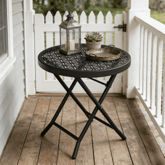 Ktaxon Folding Side Table, Patio Small End Table with X-Shaped, Outdoor Metal Floral Pattern Table for Balcony Porch Backyard Deck, Black