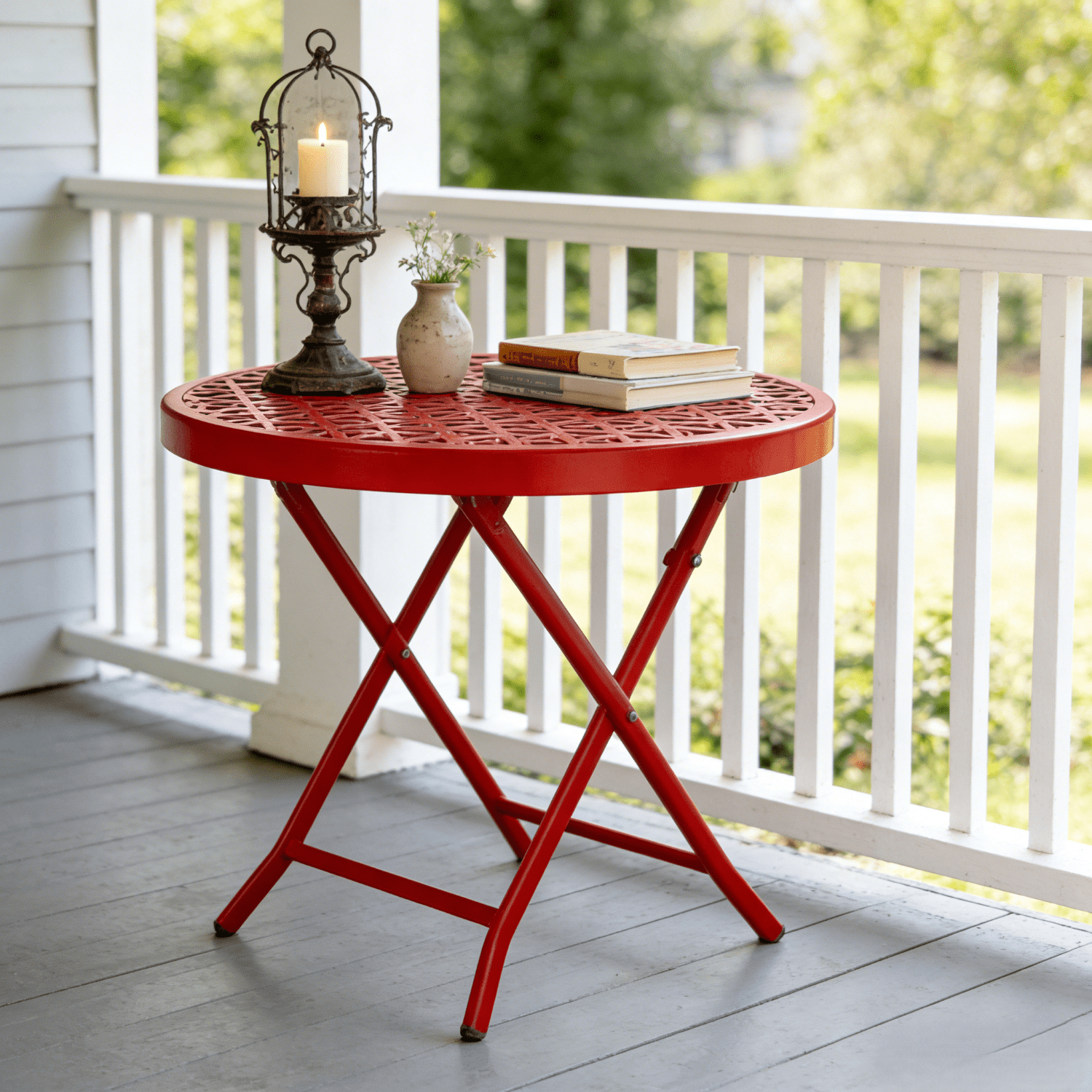 Ktaxon Folding Side Table, Outdoor Metal Floral Pattern, Red