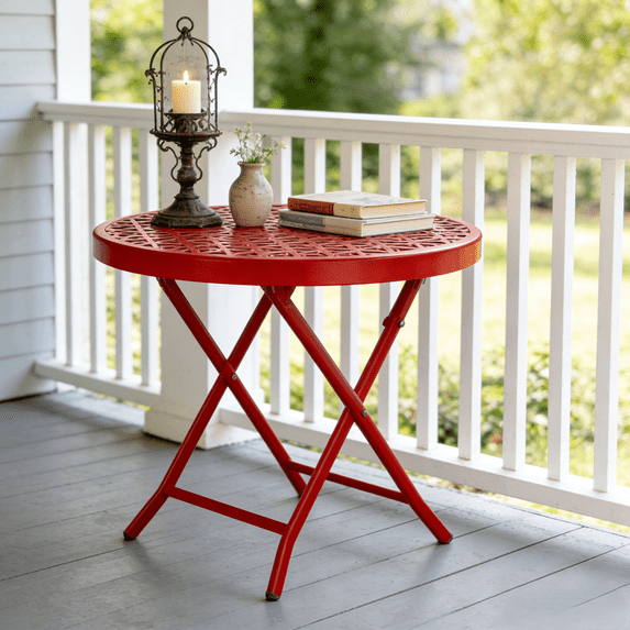 Ktaxon Folding Side Table, Patio Small End Table with X-Shaped, Outdoor Metal Floral Pattern Table for Balcony Porch Backyard Deck, Red