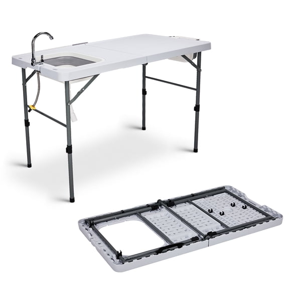 Ktaxon Folding Table with Sink, Portable Fish Cleaning Table with Faucet & Trash Can, Fish Hunting Station Fillet Table, White