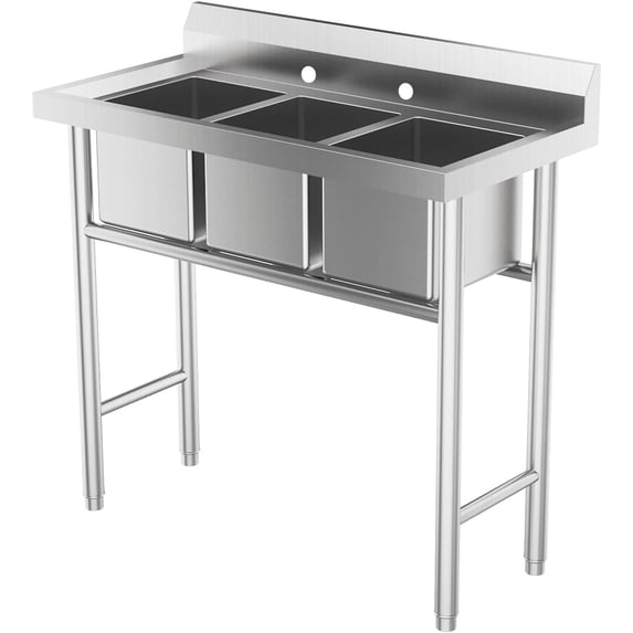 Ktaxon Freestanding 39" 3 Compartment Commercial Stainless Steel Sink, Silver, for Laundry Room, Kitchen