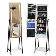 Ktaxon Freestanding Jewelry Cabinet, LEDs Lockable Jewelry Armoire Stand Organizer w/Bottom Shelf and Full-Length Floor Mirror, Black