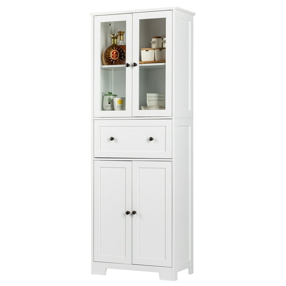 Ktaxon Freestanding Kitchen Pantry Cabinet Cupboard Storage Cabinet with 2 Glass Doors, Large Drawer & 4 Adjustable Shelves for Bathroom Dining Room Living Room Bedroom Home Office, White