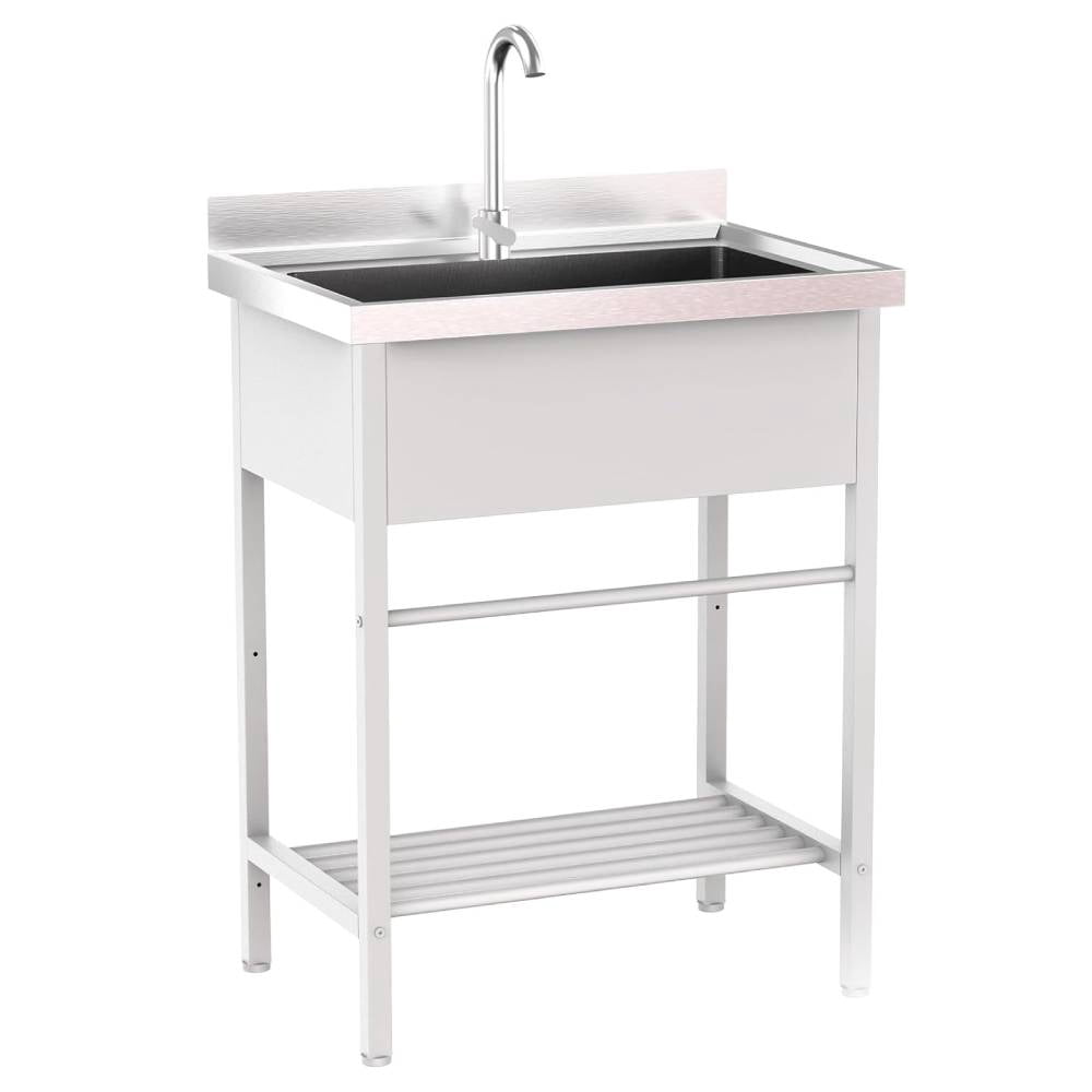 Ktaxon Freestanding White Stainless Steel Utility Sink with Shelf, Compact Single Bowl Wash Basin for Laundry Garage Restaurant Prep, 26.5 x 17.3 x 39