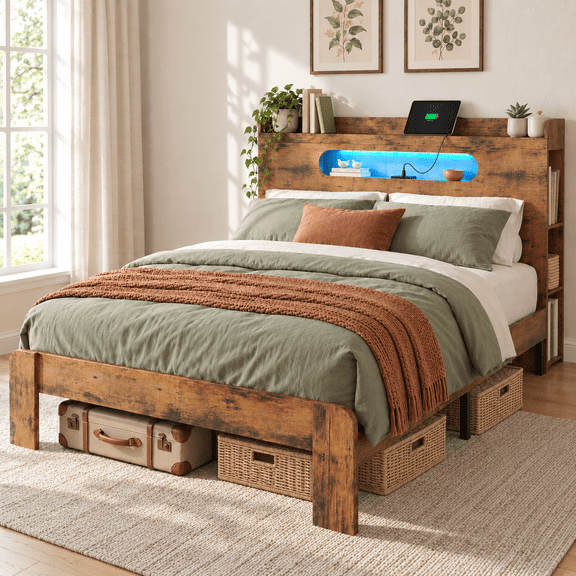 Ktaxon Full Bed Frame with Storage Headboard, LED Lights & Charging Station, Farmhouse Style, Rustic Brown