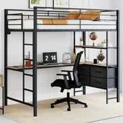 Ktaxon Full Loft Bed with L Shaped Desk, Bed Frame with LED Light and Charging Station, Bedroom Space Saving, Black