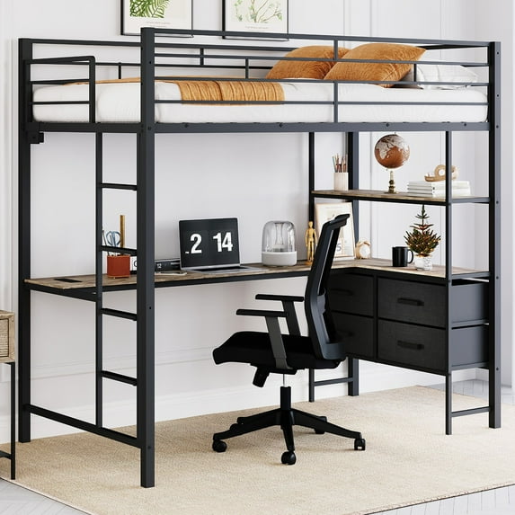 Ktaxon Full Loft Bed with L Shaped Desk, Bed Frame with LED Light and Charging Station, Bedroom Space Saving, Black