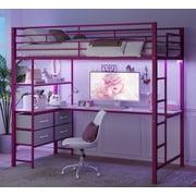 Ktaxon Full Loft Bed with L Shaped Desk, Bed Frame with LED Light and Charging Station, Bedroom Space Saving for Kids, Adult, Pink