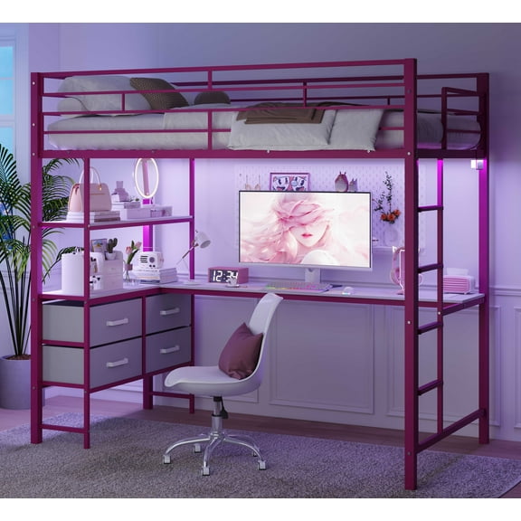 Ktaxon Full Loft Bed with L Shaped Desk, Bed Frame with LED Light and Charging Station, Bedroom Space Saving for Kids, Adult, Pink
