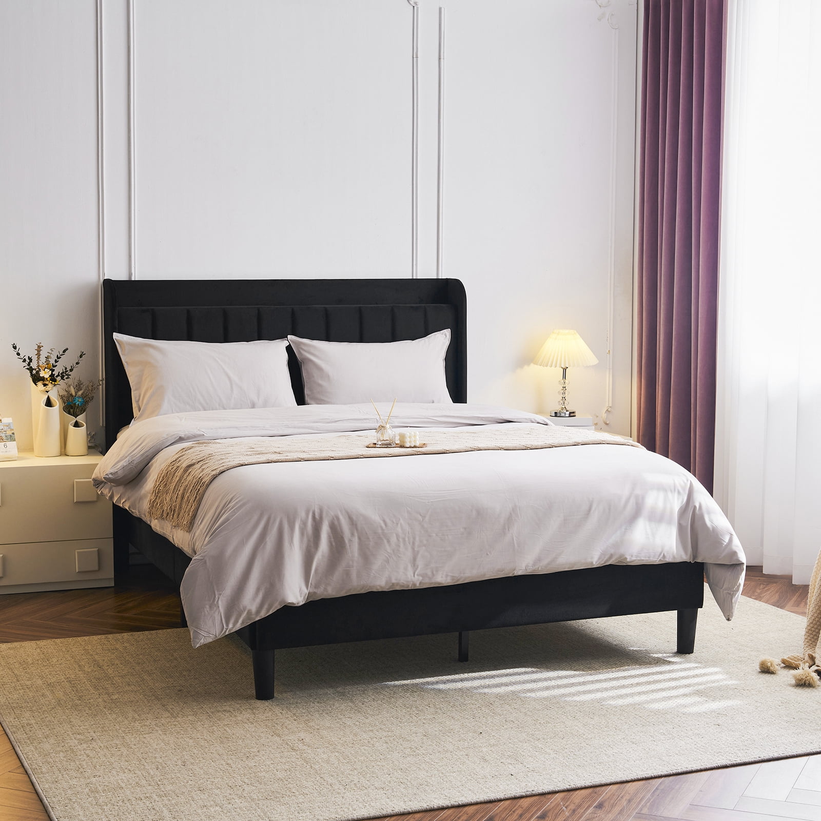 Full Black Velvet Upholstered Platform Bed with Tufted Headboard