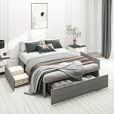 Ktaxon Full Size Bed Frame with 3 Drawers Storage, Platform Bed with Metal and Wood Frame, Gray