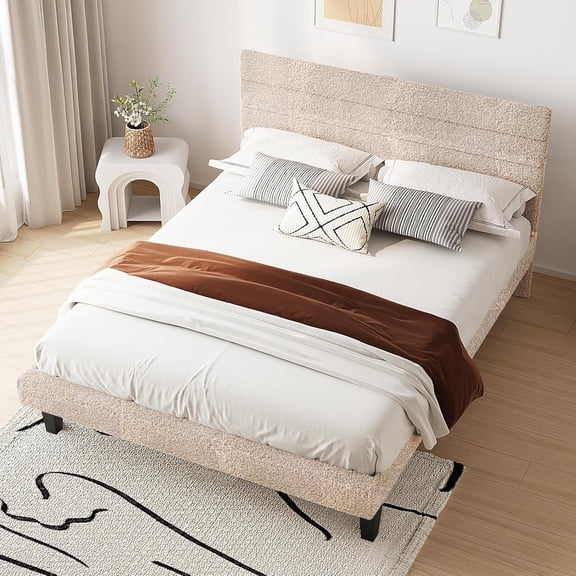 Ktaxon Full Size Bed Frame with Boucle Upholstered Headboard, Platform Bed with Wooden Slats Support, Beige