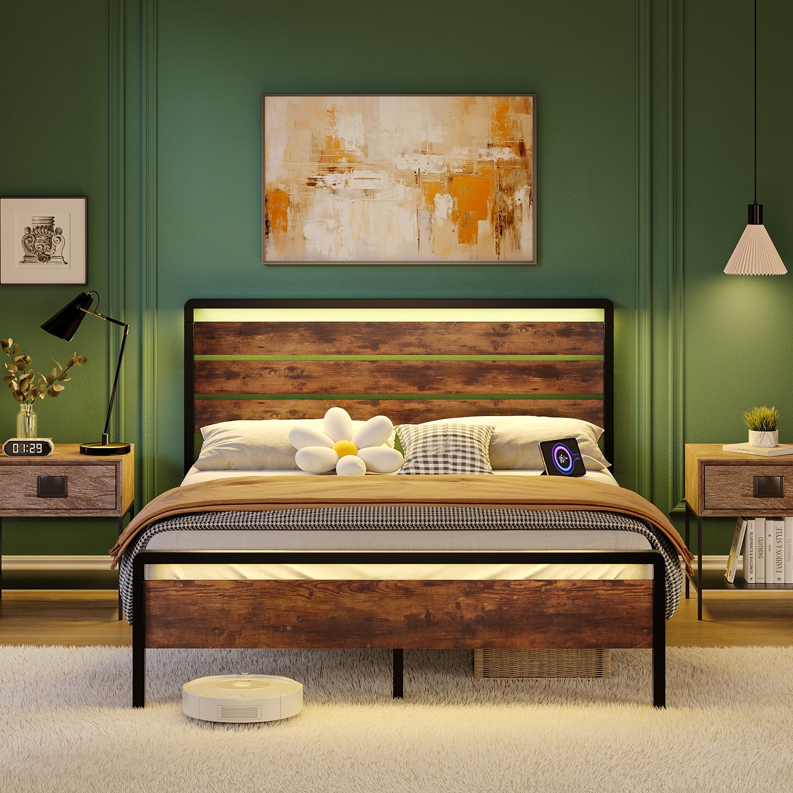 Ktaxon Full Size Bed Frame with LED Headboard & Footboard, Metal Platform Bed with Charging Station, Rustic Brown