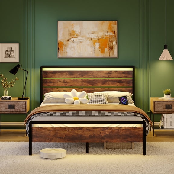 Ktaxon Full Size Bed Frame with LED Headboard & Footboard, Metal Platform Bed with Charging Station, Rustic Brown
