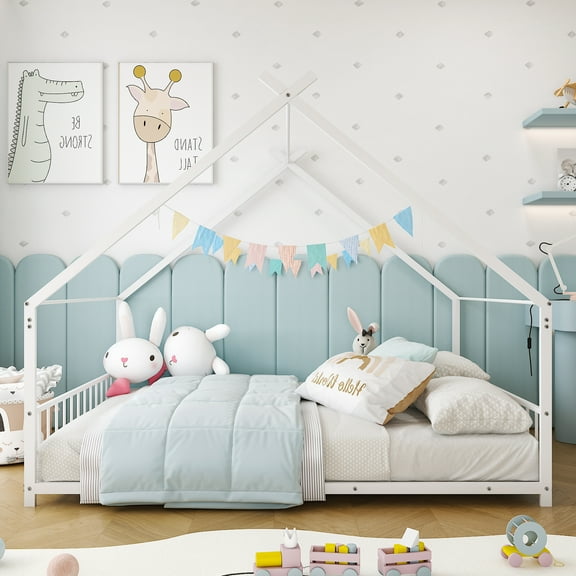 Ktaxon Full Size Floor Bed, Solid Metal Montessori Floor Bed Frame for Boys Girls Bedroom, White