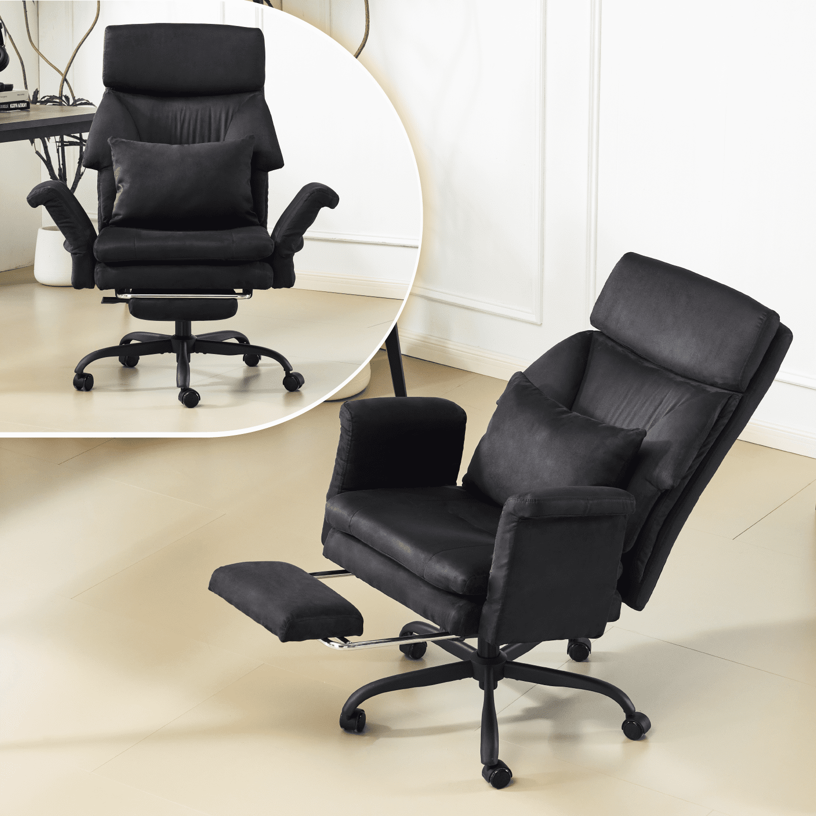 Ktaxon Gaming Chair with Footrest, High Back Faux Suede Office Chair, Adjustable Reclining Desk Chair with Lumbar Support, Swivel Task Seating for Adults Black