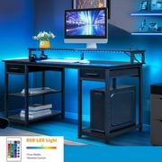 Ktaxon Gaming Desk with 2 Power Outlets&USB, Computer Desk with 15 Adjustable Light, Study Writing Table with Large Desktop, for Home&Office, Black