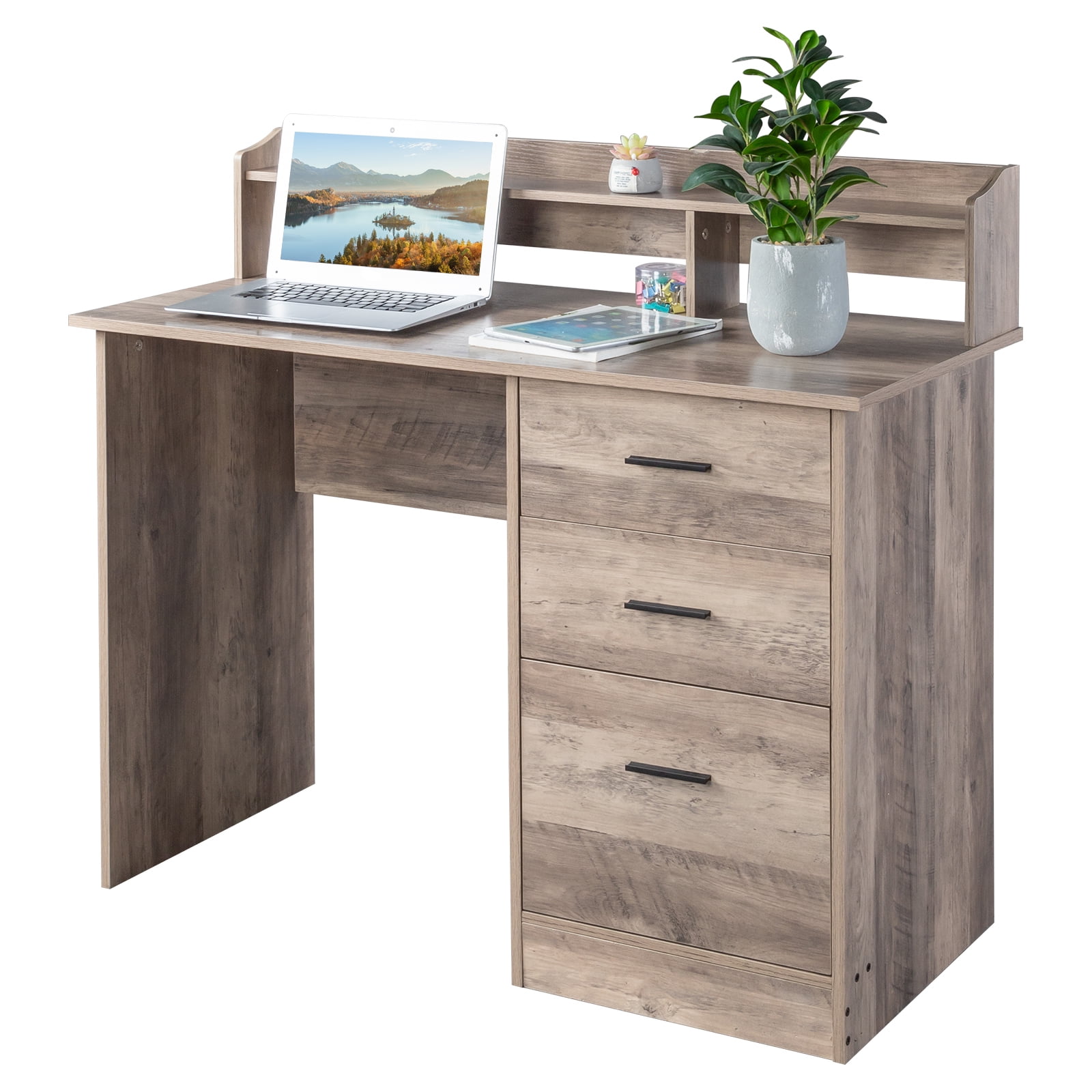 Ktaxon Gaming Desk with 3 Drawers, Computer Desk with Desktop Storage Rack&Anti-slip Separator for Home Office, Oak