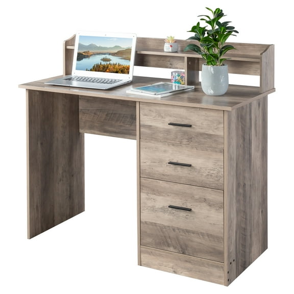 Ktaxon Gaming Desk with 3 Drawers, Computer Desk with Desktop Storage Rack&Anti-slip Separator for Home Office, Oak