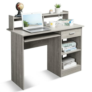 Ktaxon Gaming Desk with Keybroad Tray&Drawers, Computer Desk with Desktop Storage Rack& Adjustable Shelf Cabinet for Home Office, Gray