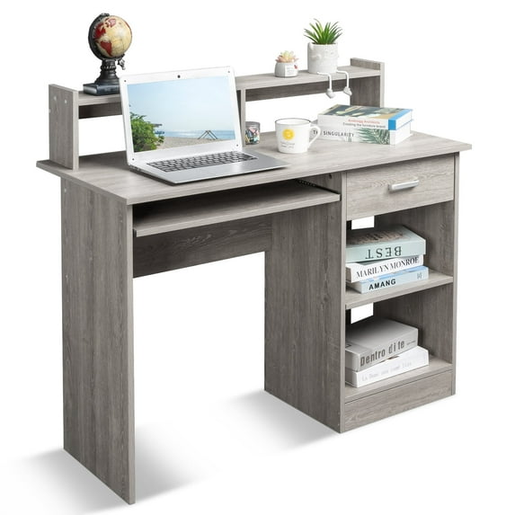 Ktaxon Gaming Desk with Keybroad Tray&Drawers, Computer Desk with Desktop Storage Rack& Adjustable Shelf Cabinet for Home Office, Gray