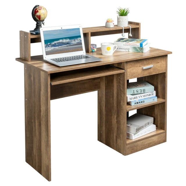 Ktaxon Gaming Desk with Keybroad Tray&Drawers, Computer Desk with Desktop Storage Rack& Adjustable Shelf Cabinet for Home Office, Natual