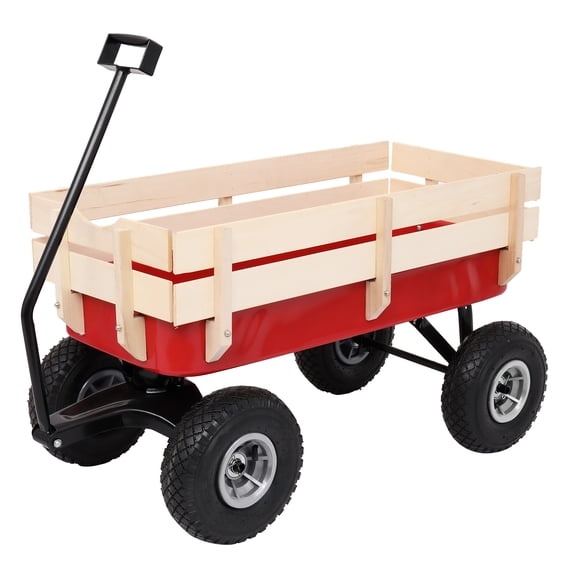Ktaxon Garden Wagon Wood Wagon ALL Terrain Pulling Red w/ Wood Railing Garden Cart