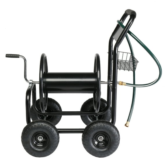Ktaxon Black & Green Hose Cart, Iron Construction with 4-Wheel Stability & Built-In Garden Hose