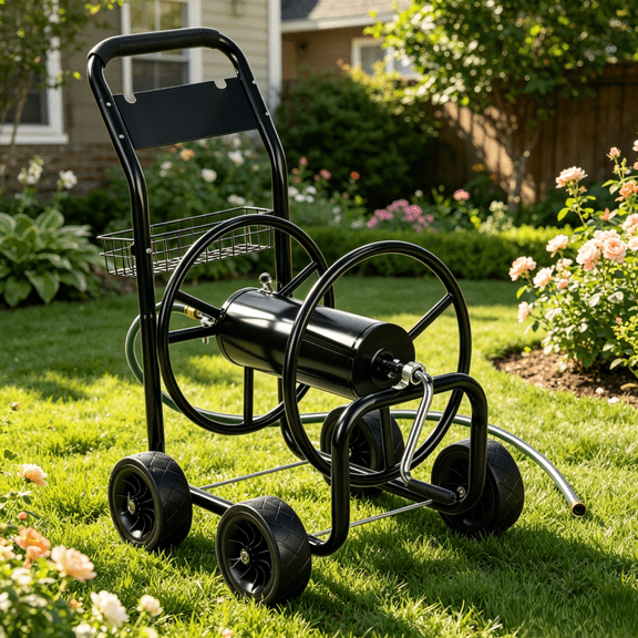 Ktaxon Black & Green Hose Cart, Iron Construction with 4-Wheel Stability & Built-In Garden Hose