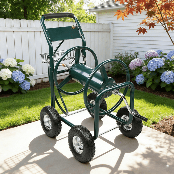 Ktaxon Iron Garden Hose Cart, 4-Wheel Mobile Pipe Truck with Dark Green Frame for Yard & Lawn