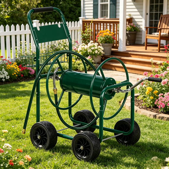 Ktaxon Iron Garden Hose Cart, 4-Wheel Mobile Pipe Truck with Dark Green Frame for Yard & Lawn