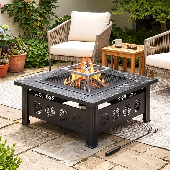 Ktaxon Gardens 32" Outdoor Metal Fire Pit Backyard Patio Garden Square Stove Firepit, Eternal Flower Pattern