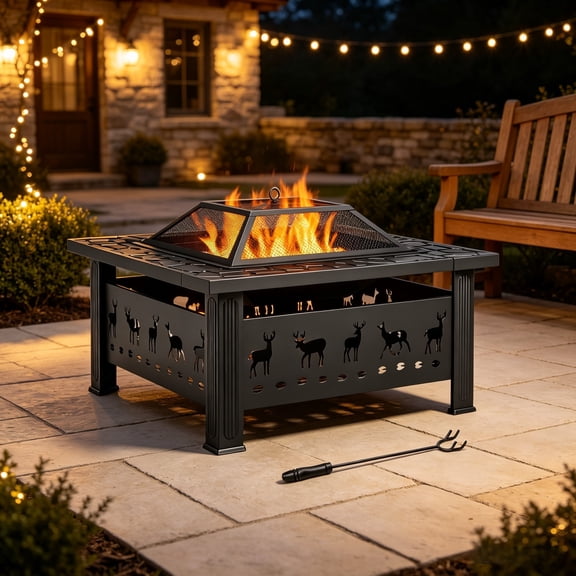 Ktaxon Gardens 32" Outdoor Metal Fire Pit Backyard Patio Garden Square Stove Firepit, Moose Pattern