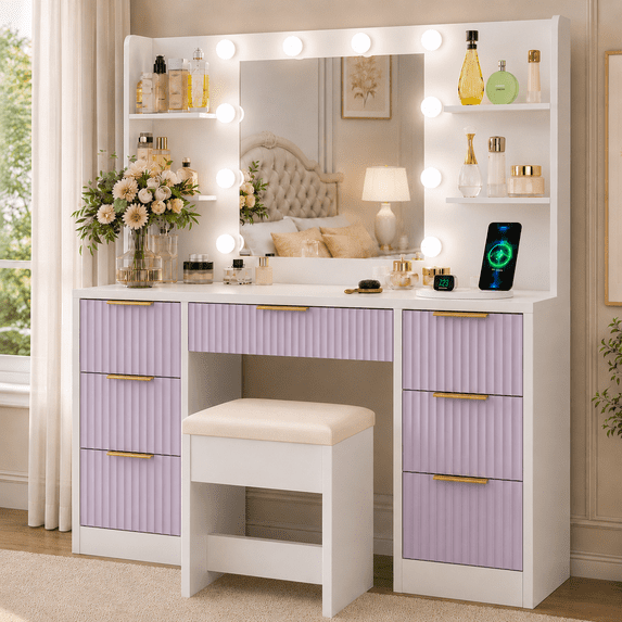 Ktaxon Get Ready with Me GRWM Makeup Vanity Set with 3 Color Lighted Mirror & Charging Station, Dressing Table w/ 7 Drawers for Femal Gift, White/Purple
