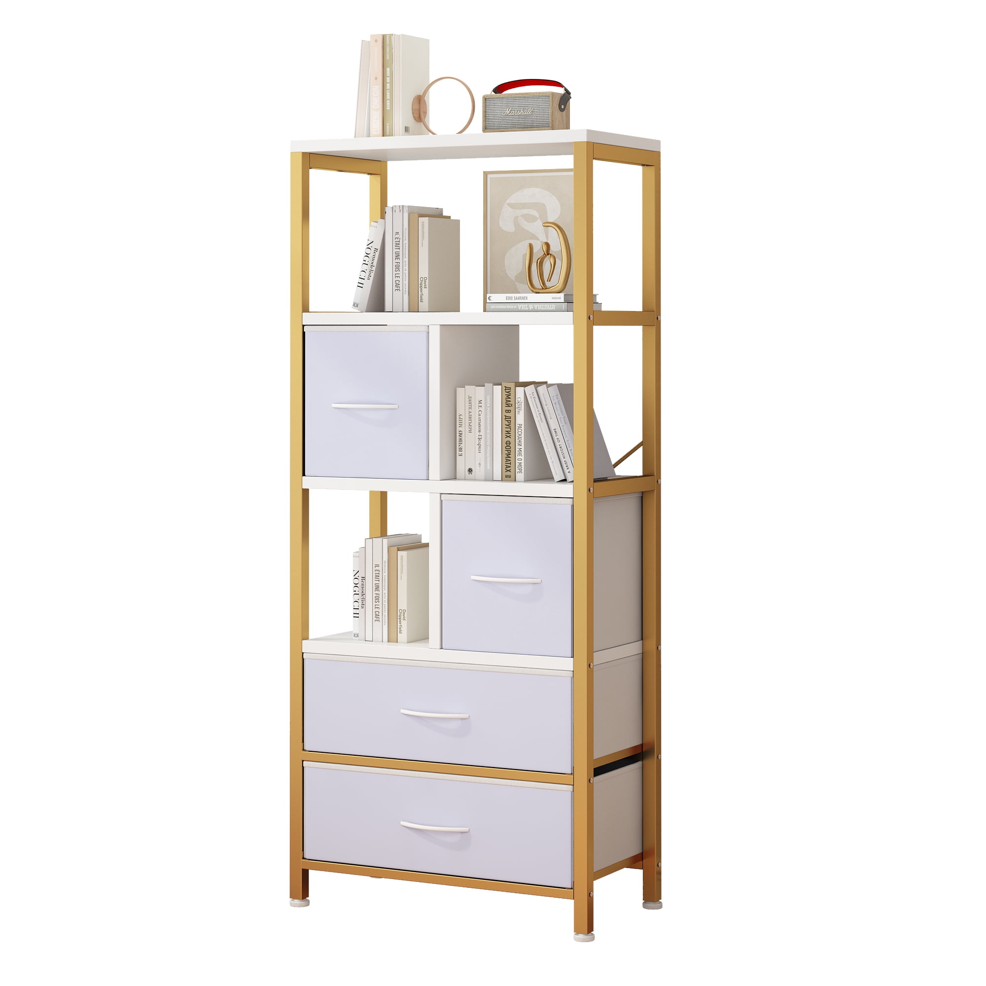 Ktaxon Gold Bookshelf, 57.9" Tall White and Gold Etagere Bookcase with