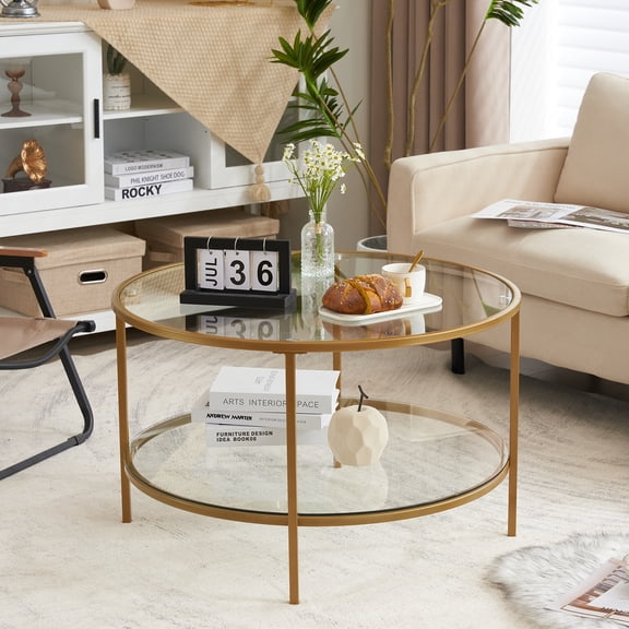 Ktaxon Golden Coffee Table, Modern 30.7" Round Table 2-Layer Display Table for Living Room, Champaine Gold