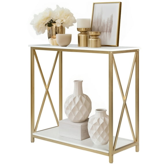 Ktaxon Golden Console Table Sofa Table, Side Table TV Stand with 2 Tiers Shelves for Entryway Hallway Living Room Bedroom, Study Metal Frame
