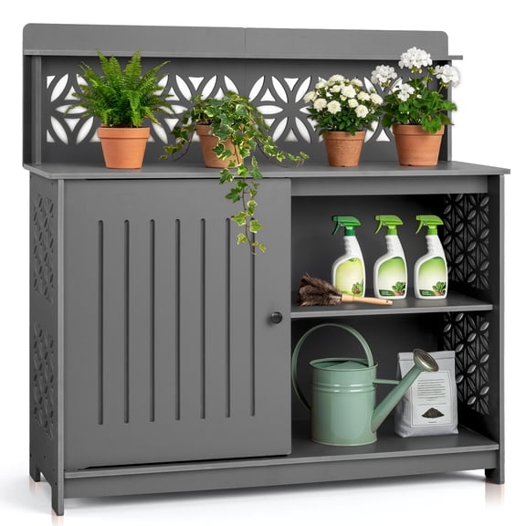 Ktaxon Gray PVC Outdoor Storage Cabinet, Weatherproof Patio Organizer with Open Shelves & Decorative Cutout